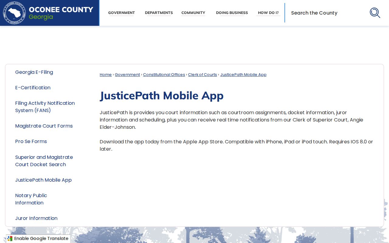 Oconee County Clerk JusticePath mobile court information page