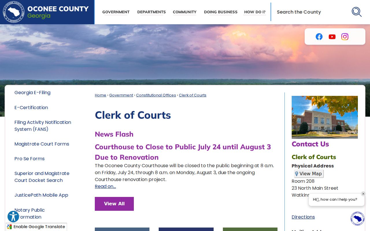 Oconee County courthouse and Clerk of Courts information