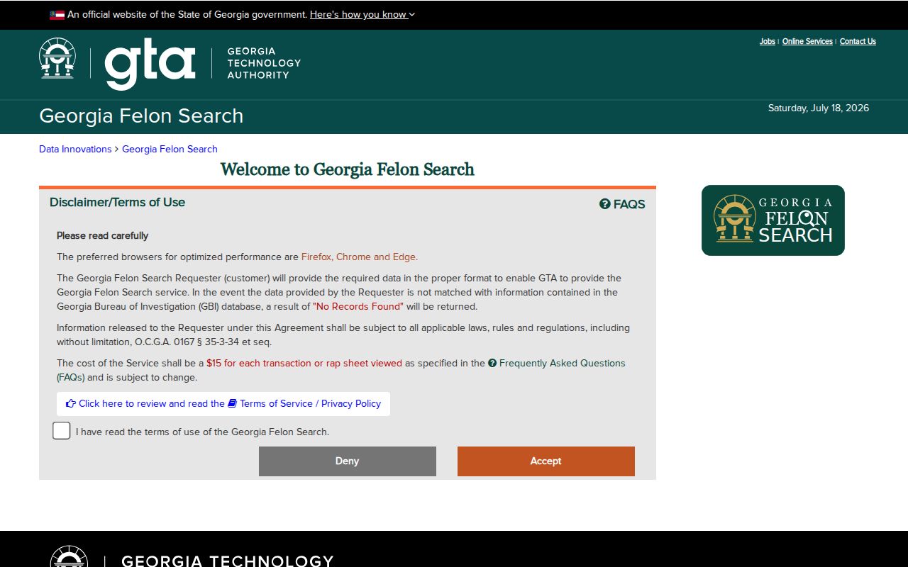 Georgia Felon Search form used for Watkinsville felony conviction checks